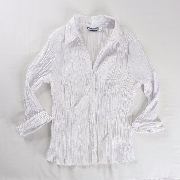 Y2k White Crinkle Fabric Long Sleeve Button Up Collared Floral Embroidered Top - Picture 2 of 8